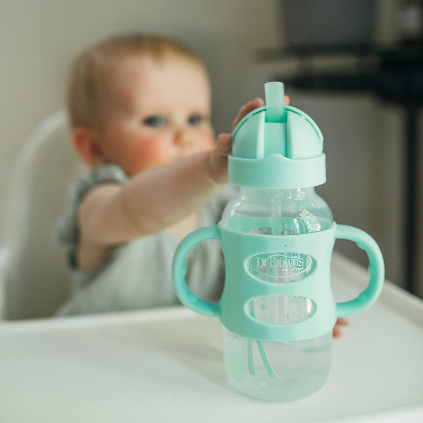 Dr. Brown's Milestones Wide-Neck Sippy Straw Bottle, Spill-Proof with 100% Silicone Handles and Weighted Straw, 9 oz/270 mL, Gray & Pink, 6m+, 2-Pack