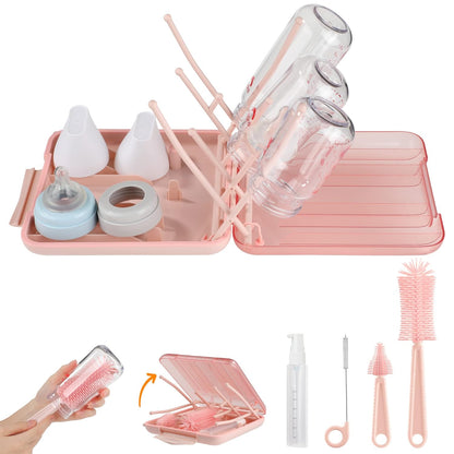 Bottle Brush Set -Baby Travel Essential-6 in 1 Bottle Cleaner Kit with Silicone Bottle Brush,Nipple Cleaner Brush,Straw Brush,Soap Dispenser,Storage Box,Bottle Drying Rack for Home and Travel(Green)