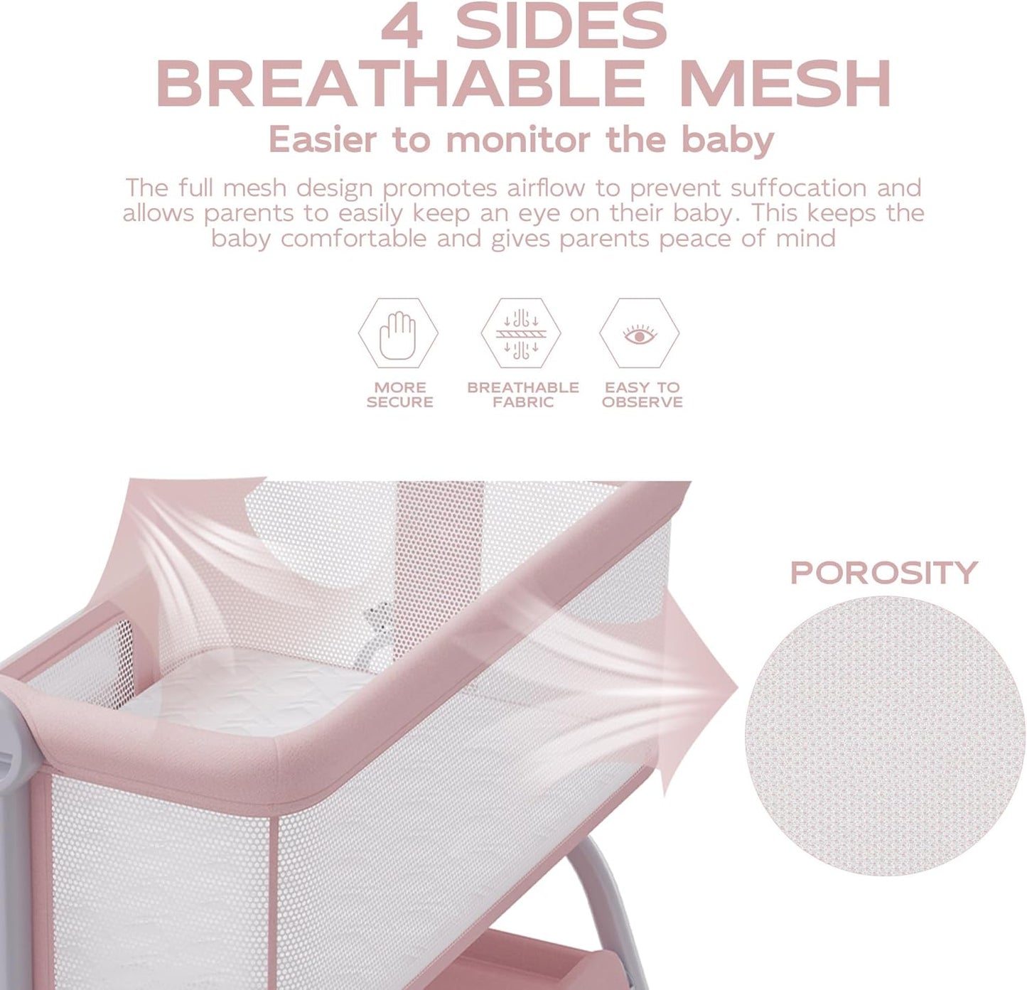 BabyBond Baby Bassinet, 3 in 1 Bassinet Bedside Sleeper with Washable Soft Mattress and Sheet, 6 Height Adjustable Bedside Crib, 4-Sided Mesh Bedside Bassinet for Baby