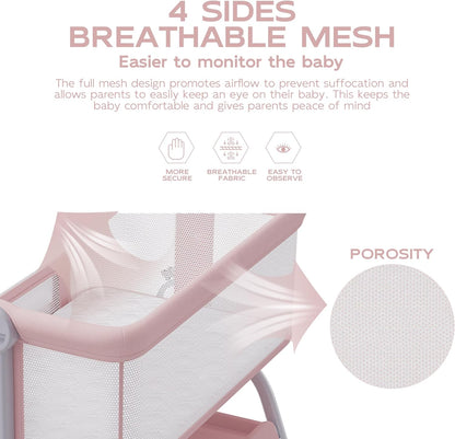BabyBond Baby Bassinet, 3 in 1 Bassinet Bedside Sleeper with Washable Soft Mattress and Sheet, 6 Height Adjustable Bedside Crib, 4-Sided Mesh Bedside Bassinet for Baby
