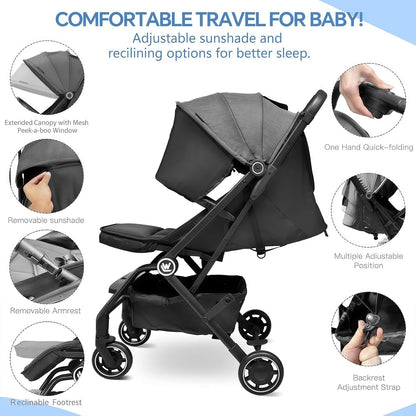 Rollingsurfer Lightweight Baby Stroller, Compact Travel Stroller with Retractable Foot Cover & Sleep Shade, One Hand Fold Stroller, Toddler Pushchair Adjustable Seat for Airplane 0-36 Months