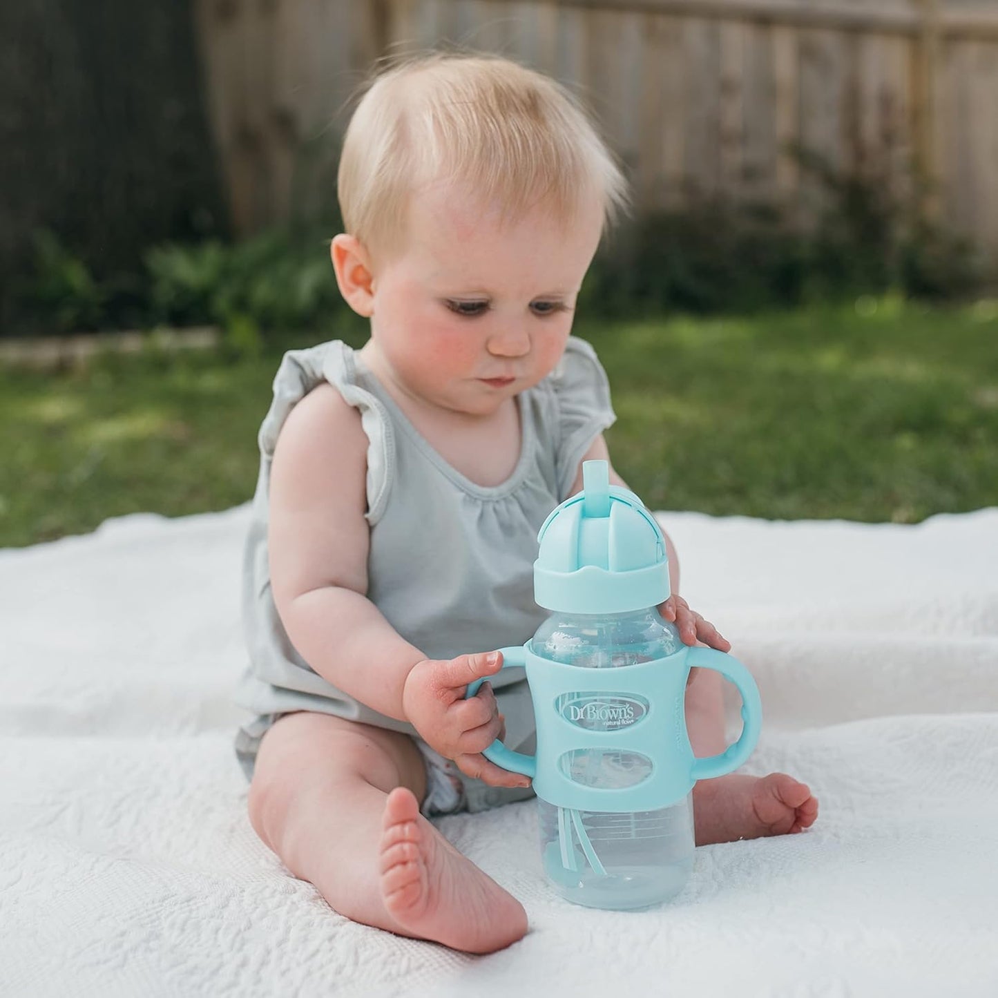 Dr. Brown's Milestones Wide-Neck Sippy Straw Bottle, Spill-Proof with 100% Silicone Handles and Weighted Straw, 9 oz/270 mL, Gray & Pink, 6m+, 2-Pack