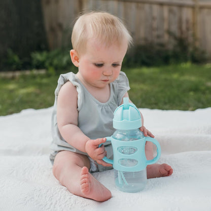 Dr. Brown's Milestones Wide-Neck Sippy Straw Bottle, Spill-Proof with 100% Silicone Handles and Weighted Straw, 9 oz/270 mL, Gray & Pink, 6m+, 2-Pack