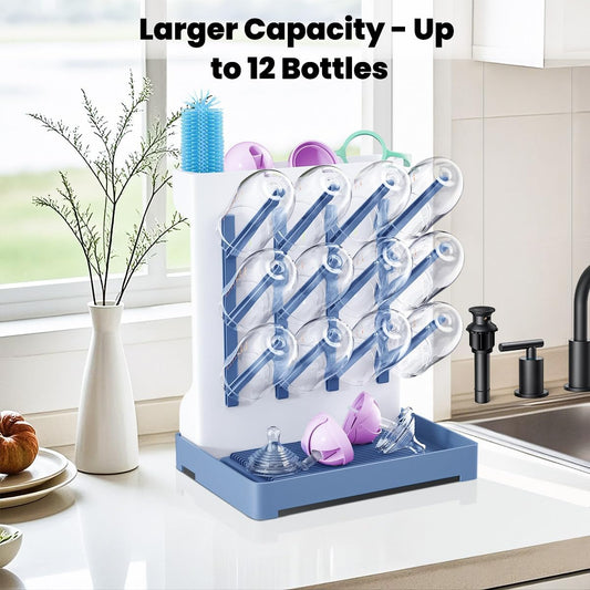 Baby Bottle Drying Rack: Vertical Space Saving Large Bottles Holder - Standing Boon Dryer Rack Baby Accessory - Countertop Holds Up to 12 Bottles & Pump Part Cleaning & Cup (Blue) (Gray)
