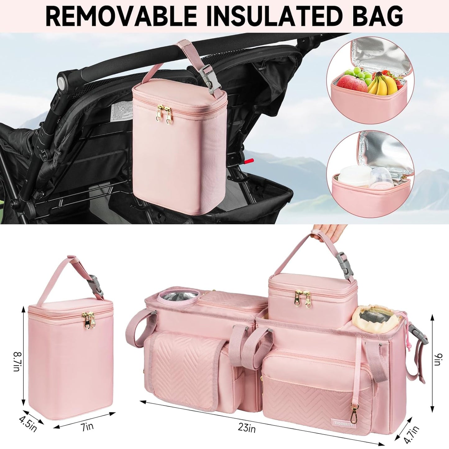 Universal Stroller Organizer with Insulated Cup Holders,Large Capacity Non-Slip Stroller Caddy Bag Fits for Uppababy/Doona/Jogger/Britax/Mompush/BoB with Anti-Sag Hard Bottom and Wet Wipes Pocket