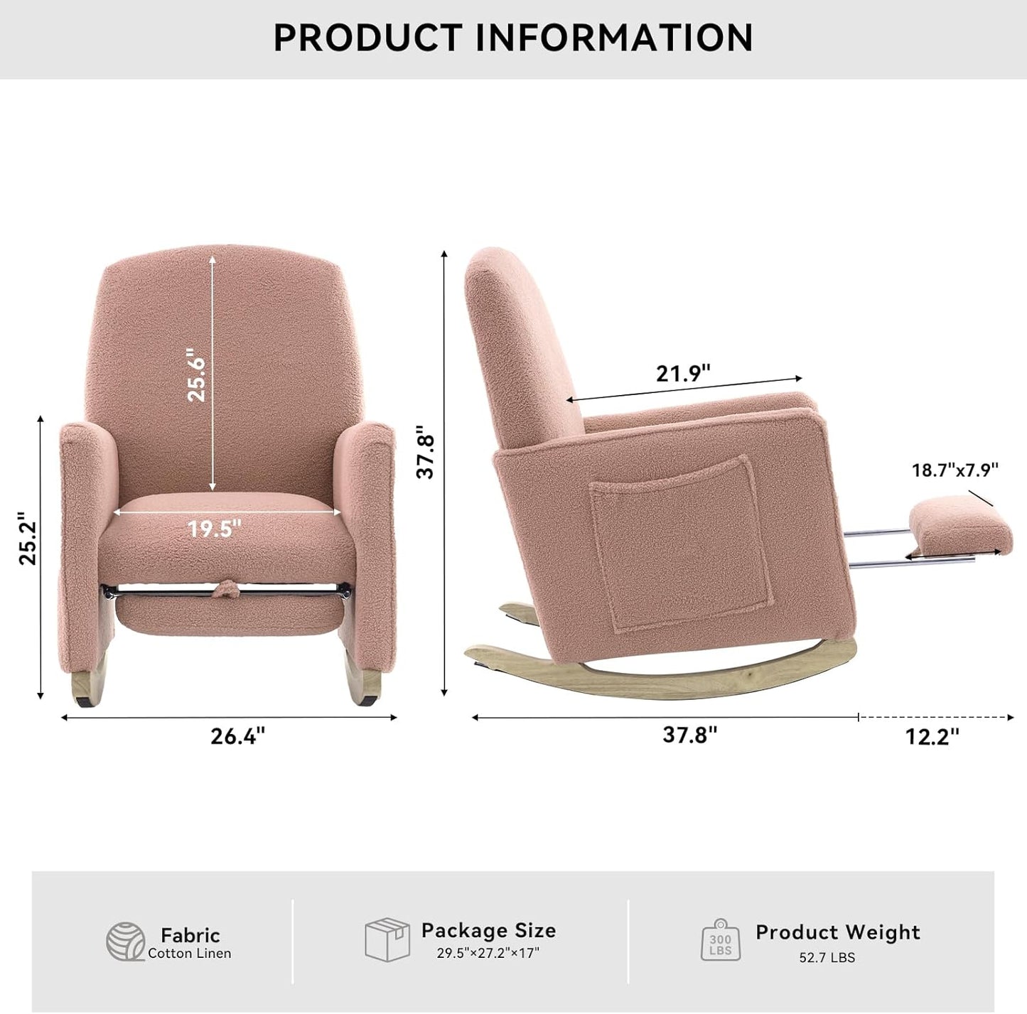 FOXHUNTER Rocking Chair Nursery with Adjustable Footrest and High Backrest, Upholstered Glider Chairs with Side Pockets for Nursery, Rocker Armchair Indoor for Living Room,Beige