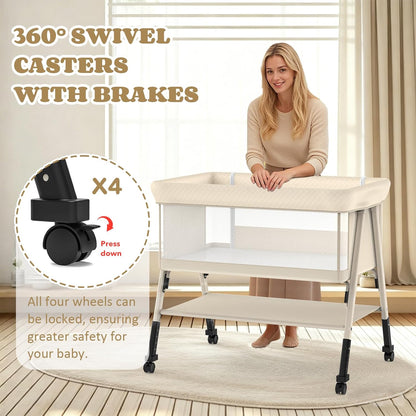 Baby Bassinet, 3-in-1 Baby Bassinets Bedside Sleeper for Newborn with Breathable Mesh, Portable Baby Crib with 4- Adjustable Height, Mattress, Storage Basket & Lockable Wheels, CPSC Beige