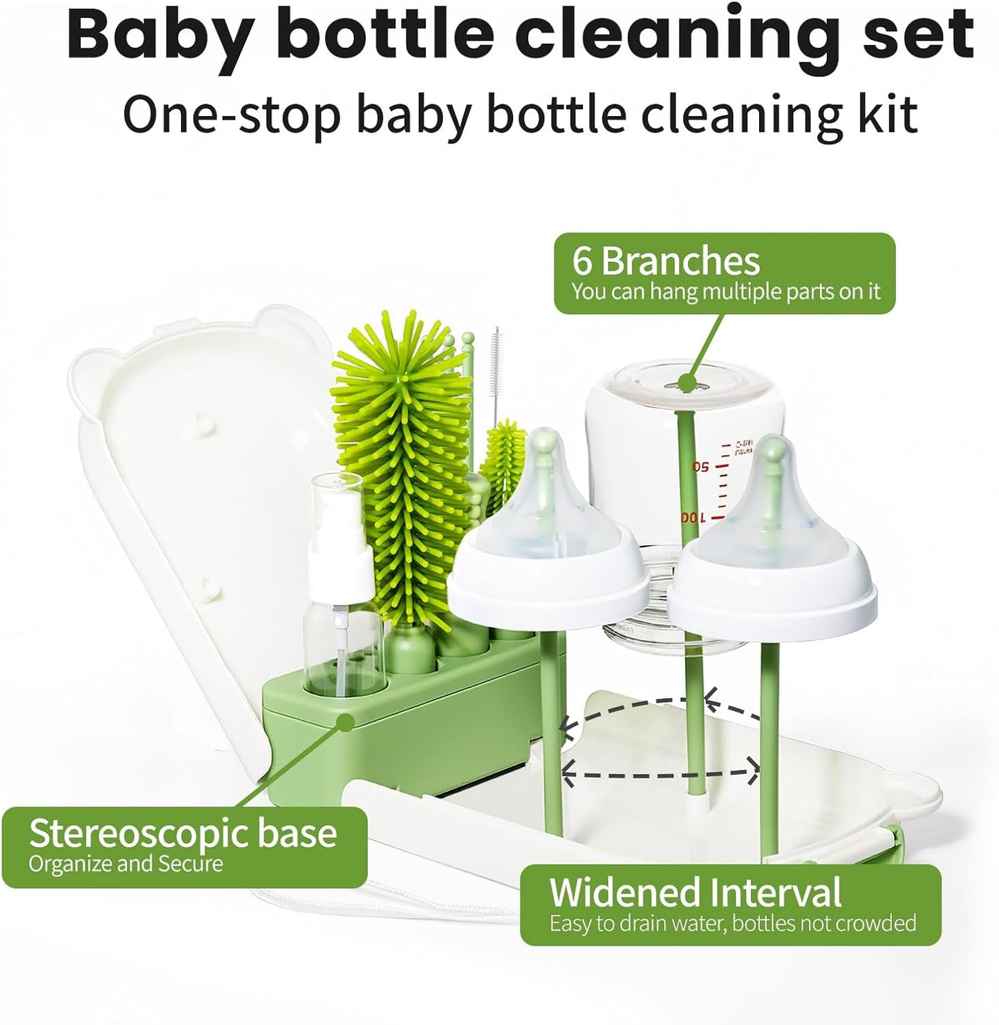 LEQXGO Travel Baby Bottle Cleaner Kit with Storage Case, 7-in-1 Baby Bottle Brush Set with Drying Rack for Breast Pump Parts, Bottle Washing Kit - Baby Travel Essential for Flying & On-the-Go (Blue)