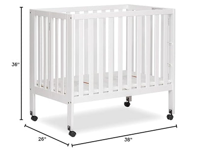 Dream On Me Jett Mini Folding Baby Crib in White, GreenGuard Gold & BSA, Lightweight & Portable, Patented Flat Folding System for Small Spaces & Travel, 1.5” Mattress Pad, 3 Heights, Safe Wheels
