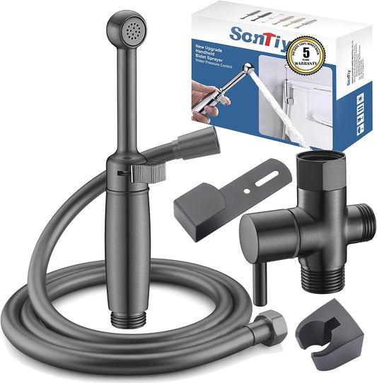SonTiy Handheld Bidet Sprayer for Toilet, Cloth Diaper Sprayer Set Hand Held Bidet Jet Spray for Toilet with Backflow Preventer, Adjustable Water Pressure Control, Brass, Black Stainless