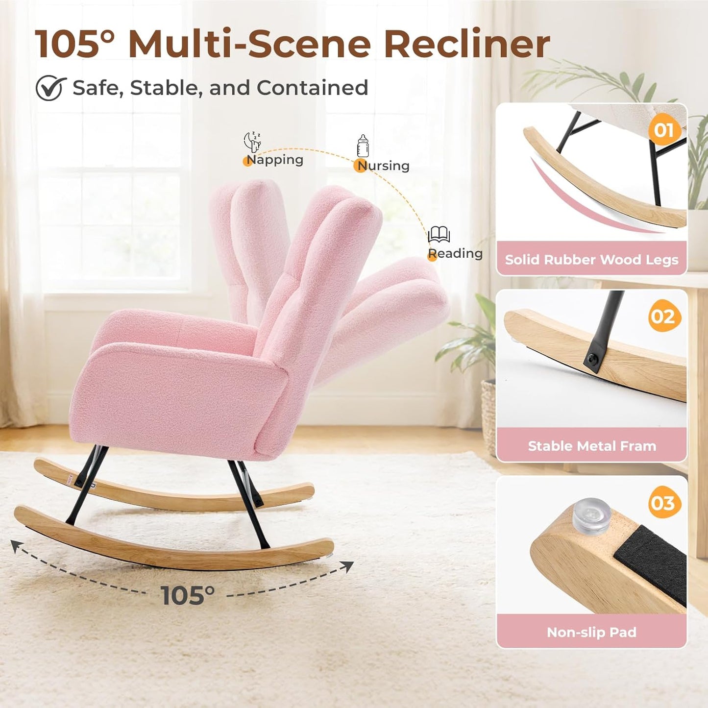 DUMOS Nursery Rocking Chair Teddy Upholstered, Comfy Glider Rocker with High Backrest Armchair Padded Seat, Accent Side Chair for Living Room Bedroom Offices Small Spaces Indoor, Beige