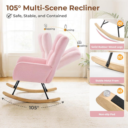 DUMOS Nursery Rocking Chair Teddy Upholstered, Comfy Glider Rocker with High Backrest Armchair Padded Seat, Accent Side Chair for Living Room Bedroom Offices Small Spaces Indoor, Beige