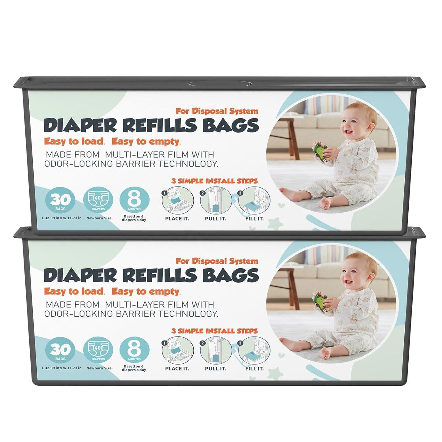 Diaper Pail Refills Bags with 30 Bags (Baby Powder Scent) Compatible with Genie Easy Roll Signature and Platinum Diaper Pails, 7-Layer Odor-Barrier Technology 3 Pack (90 Bag)
