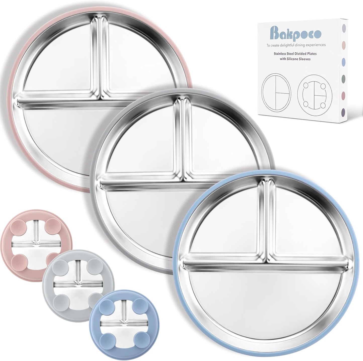 Bakpoco Stainless Steel Toddler Plate with Suction, 9” Divided Plates with Removable Silicone Sleeves for Kids, Non Toxic & BPA Free | Non Slip | Unbreakable Baby Snack Dishes Set of 2, Blue & Gray