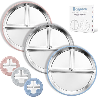 Bakpoco Stainless Steel Toddler Plate with Suction, 9” Divided Plates with Removable Silicone Sleeves for Kids, Non Toxic & BPA Free | Non Slip | Unbreakable Baby Snack Dishes Set of 2, Blue & Gray