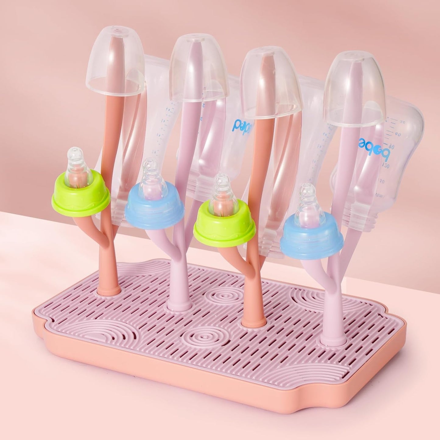 Baby Bottle Drying Rack with Tray – Space Saving Bottle Organizer & Drying Holder for Bottles, Cups, Nipples and Pump Parts – Countertop Rack for Baby Feeding Supplies (Purple/Pink)