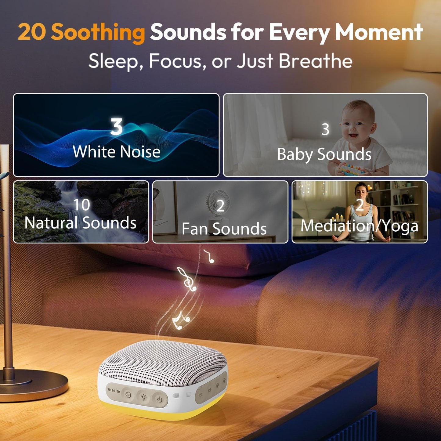 Portable Sound Machine for Travel, White Noise Sound Machine for Sleeping, 52-Hour Lasting Mini Noise Machine with 21 Quality Non-looping Sounds, Headphone Jack, Memory, Timer for Adults,Hotel (White)