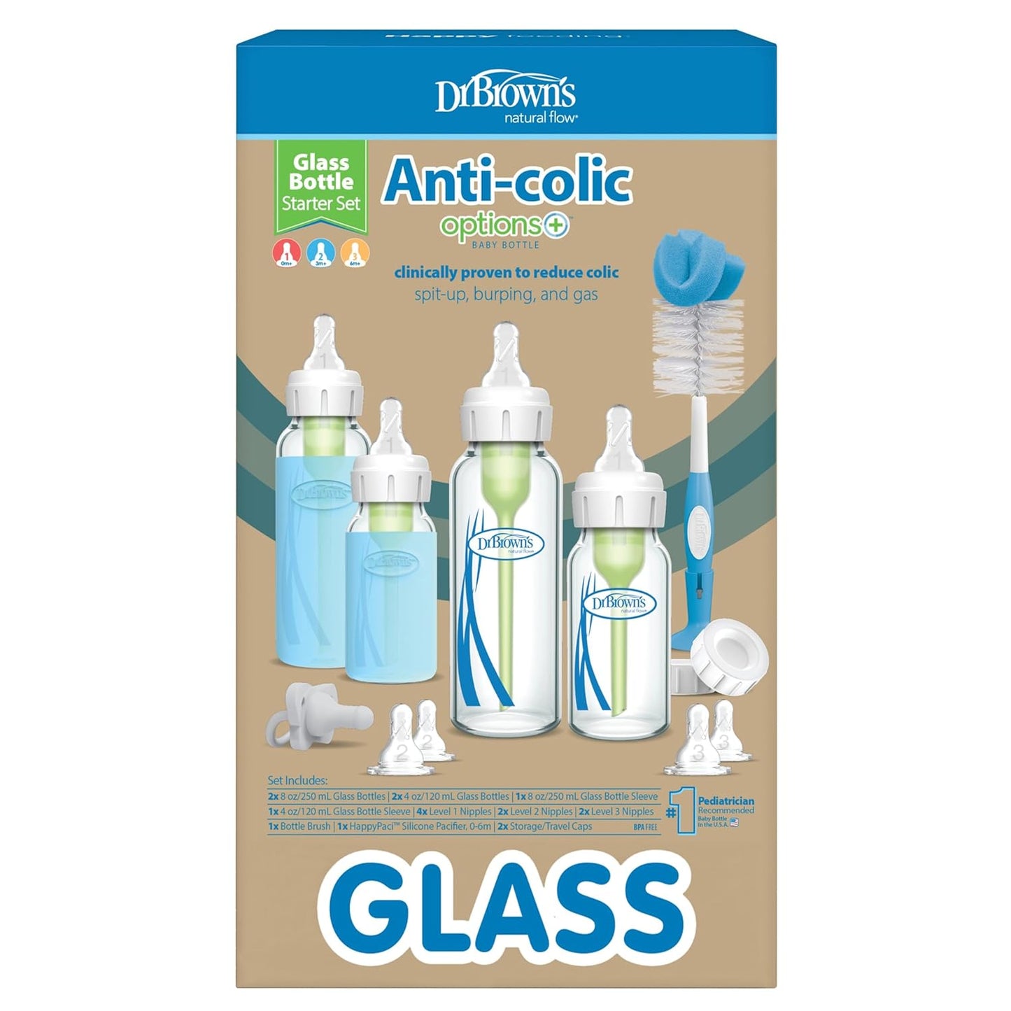 Dr. Brown's Anti-Colic Options+ Narrow Glass Baby Bottle with Level 1 Slow Flow Nipple, BPA-Free, 8 oz/250 mL, 0m+, 4-Pack (Packaging May Vary)