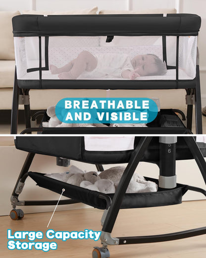 Bedside Bassinet for Baby, 3 in 1 Breathable Mesh Baby Bassinet, 6 Height Adjustable, Easy to Assemble, Bassinet Bedside Sleeper with Wheels, Mosquito Net, Storage Basket, Bassinets for Newborn Baby | Multi-functional