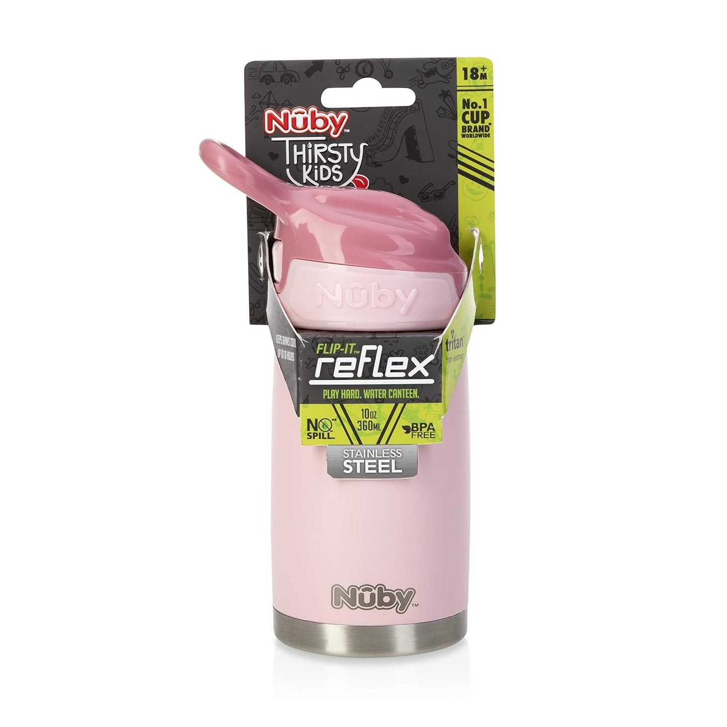 Nuby Thirsty Kids No Spill Flip-It Reflex Stainless Steel Travel Cup or Water Bottle - 10 Oz - 18+ Months - Pink - Back to School Essentials