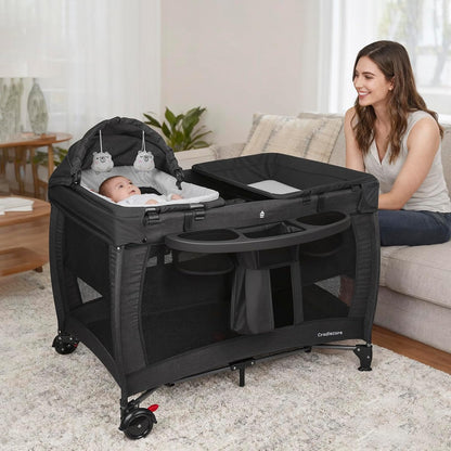 3 in 1 Pack and Play, Baby Bassinet, Changing Tabler - Portable Baby Playpen for Babies and Toddlers, Foldable Playard with Locking Wheels & Storage Diaper Basket(Black)
