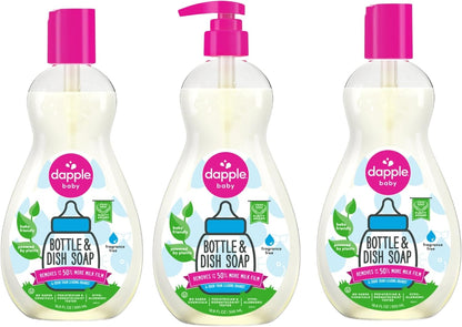 Dapple Baby Fragrance Free Bottle & Dish Soap - (3 Pack) 16.9 fl oz - Cleans Baby Bottles, Sippy Cups, Pacifiers, Breast Pumps, & More - Gently Removes Milk Film & Odors - Includes 1 Pump