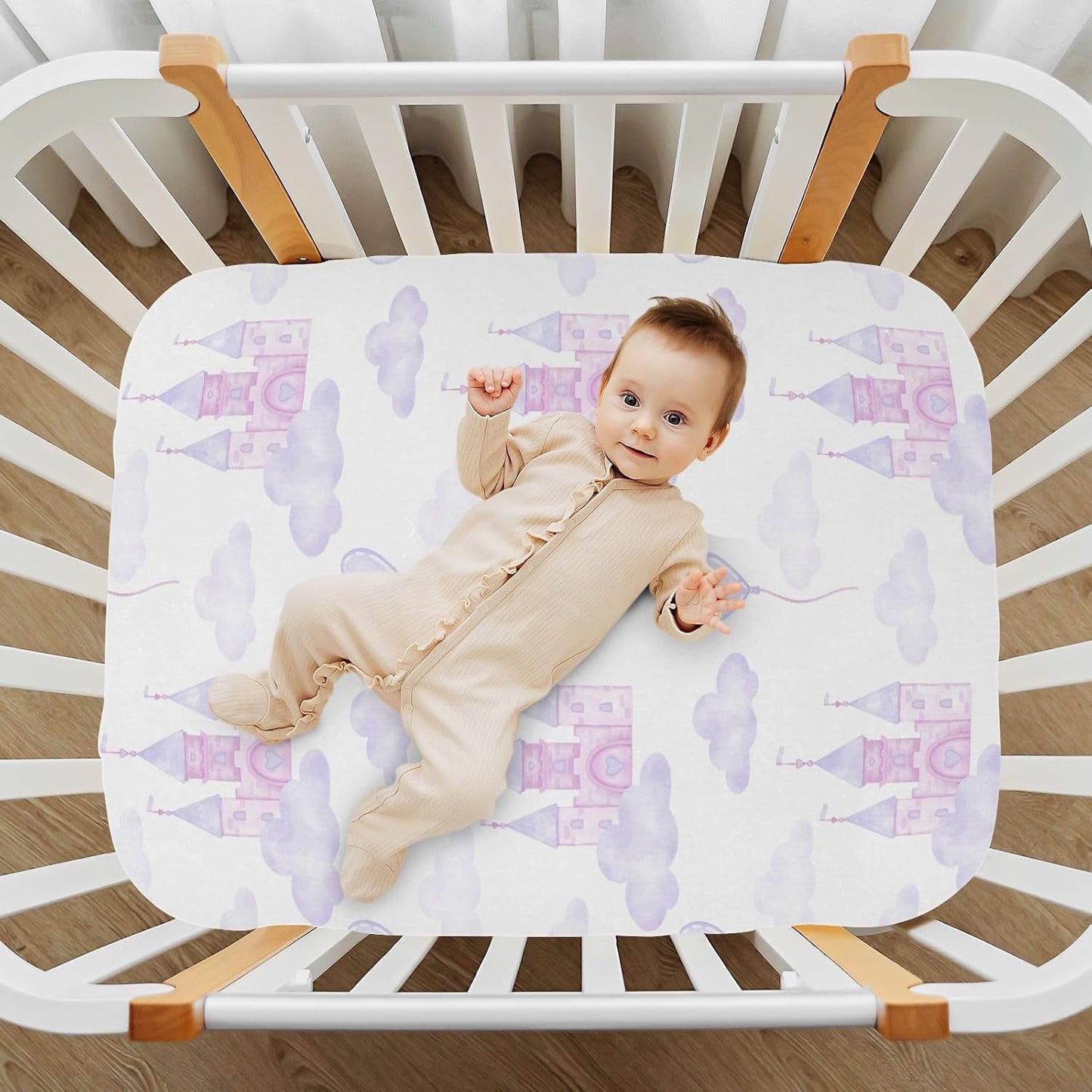 Fitted Crib Sheets White Bears with Clouds Stretchy Portable Playard Sheets for Baby Toddler, Breathable Soft Mini Crib Mattress 39 x 27 in for Boys and Girls