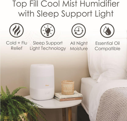 Crane Top Fill Mini Humidifier for Bedroom and Nursery 3-In-1 Essential Oil Diffuser Sleep Light 0.5 Gallon Baby Humidifier