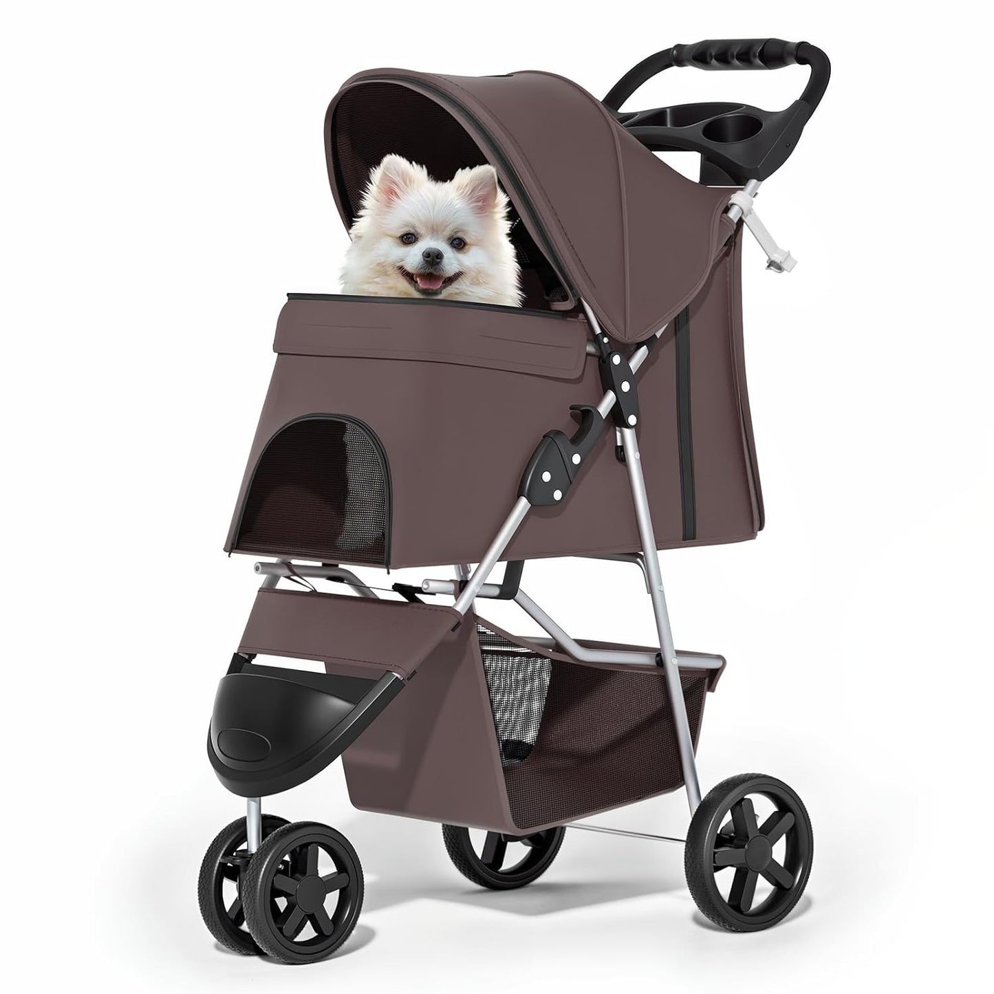 MoNiBloom Foldable Pet Stroller with Weather Cover, 3 Wheels Pet Strolling Cart for Small/Medium Dogs and Cats with Storage Basket and Cup Holder, Breathable and Visible Mesh for All-Season, Black