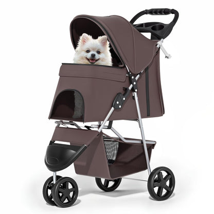 MoNiBloom Foldable Pet Stroller with Weather Cover, 3 Wheels Pet Strolling Cart for Small/Medium Dogs and Cats with Storage Basket and Cup Holder, Breathable and Visible Mesh for All-Season, Black
