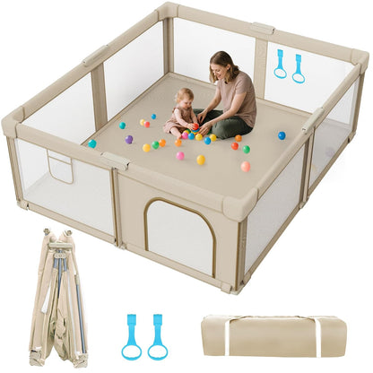 Foldable Baby Playpen: 71” x 59” Super Large Playpen for Babies and Toddlers - Portable Play Pen for Babies with Breathable Mesh & 2 Pulling Handle - Baby Play Yard for Outdoor & Indoor