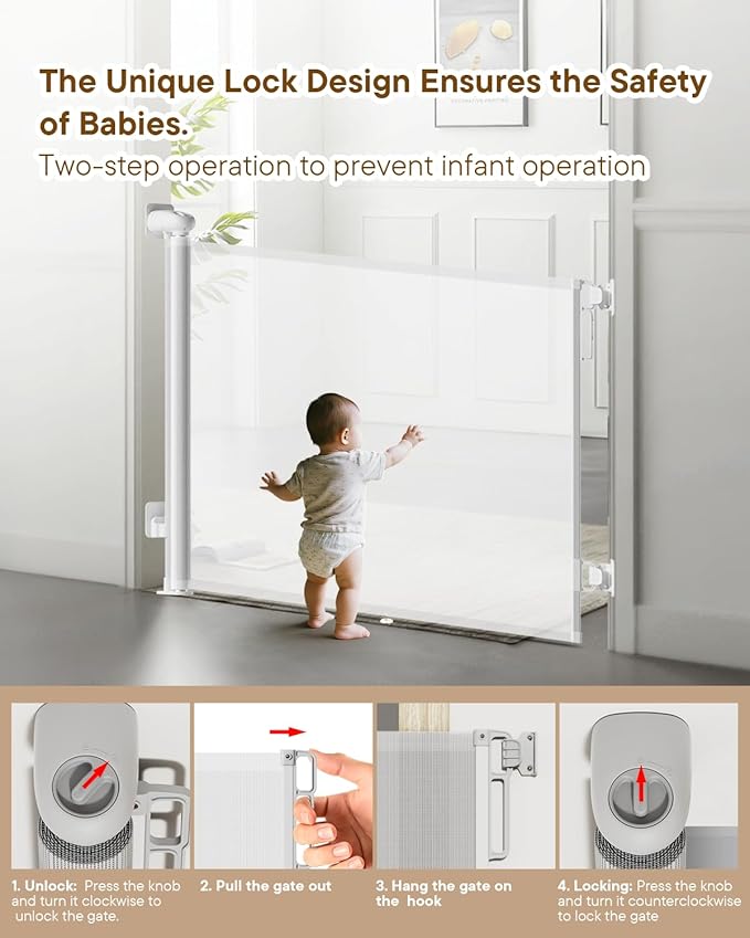 Retractable Baby Gate for Stairs - 55" Wide Mesh Dog Gate Indoor, Two-Step Safety Lock, 34" Tall Child Gate for Doorways, Hallways, Deck, Indoor Outdoor Garage, White