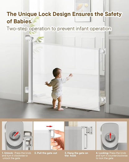 Retractable Baby Gate for Stairs - 55" Wide Mesh Dog Gate Indoor, Two-Step Safety Lock, 34" Tall Child Gate for Doorways, Hallways, Deck, Indoor Outdoor Garage, White