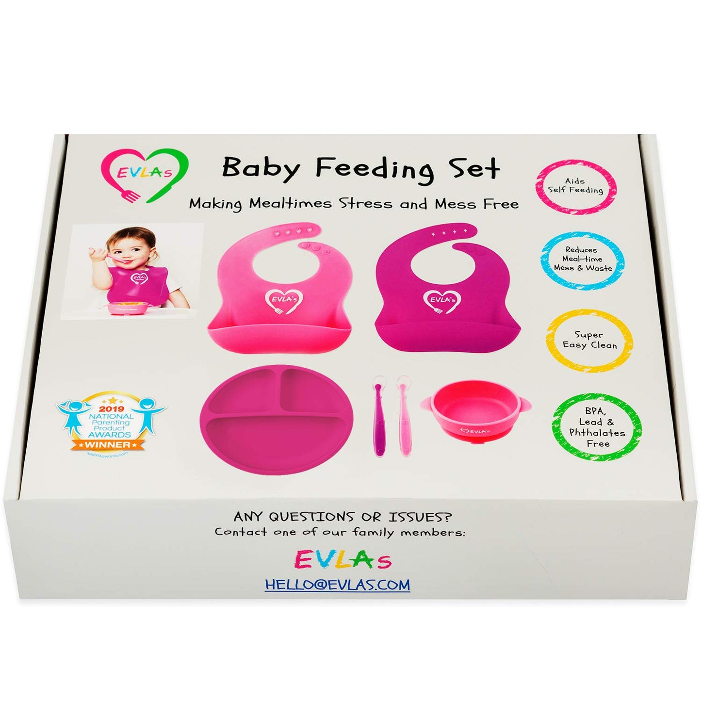 EVLA'S Baby Feeding Set, Baby Led Weaning Supplies, Adjustable Silicone Bibs, Divided Plate, Suction Bowl with Lid, Soft Spoons for Babies or Toddlers, Baby Registry must have!(Pink and Purple)