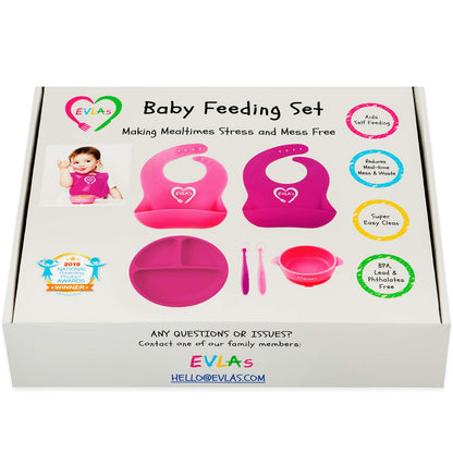 EVLA'S Baby Feeding Set, Baby Led Weaning Supplies, Adjustable Silicone Bibs, Divided Plate, Suction Bowl with Lid, Soft Spoons for Babies or Toddlers, Baby Registry must have!(Pink and Purple)