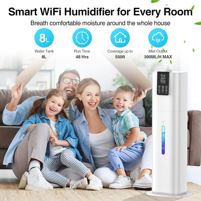 Honovos Smart Humidifiers Large Room Bedroom Home, 2.11Gal(8L) Quiet Top Fill Cool Mist Humidifier, Smart App & Remote Control, 3 Speed Humidifier with 360° Nozzle, Humidity Setting for Baby Office