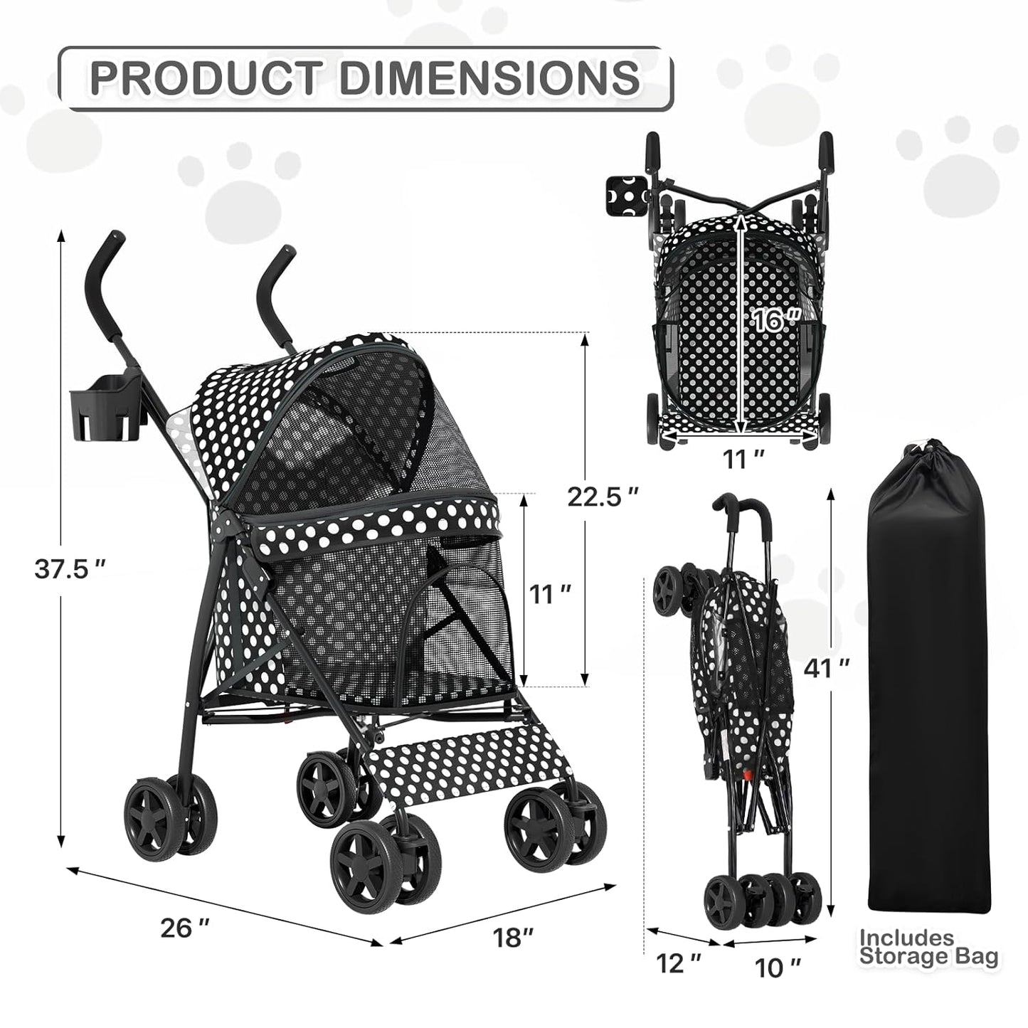 MoNiBloom 4 Wheels Pet Stroller, Easy-Fold Puppy Cage Jogger Stroller with Sun Cover, Pad and Rear Storage Bag, Breathable and Visible Mesh for Small/Medium Pets up to 22 lbs, Black