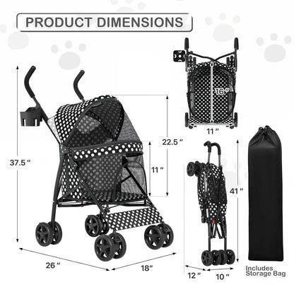 MoNiBloom 4 Wheels Pet Stroller, Easy-Fold Puppy Cage Jogger Stroller with Sun Cover, Pad and Rear Storage Bag, Breathable and Visible Mesh for Small/Medium Pets up to 22 lbs, Black