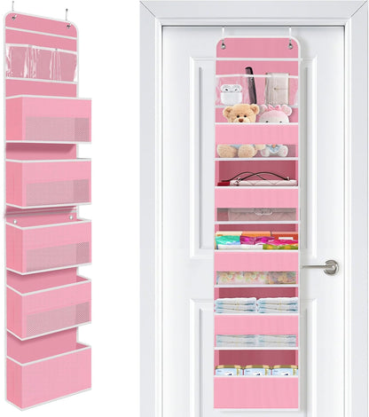SpaceWhisper Over the Door Organizer, 4 Large Pocket Hanging Storage Organizer with 40lb Capacity, Space Saving for Nursery, Bathroom, Bedroom, Closet - Baby Essentials & Toiletry Organizer (Pink)