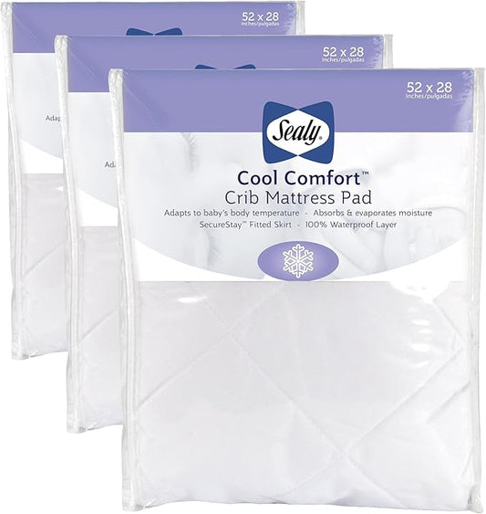 Sealy Baby Cool Comfort Cooling Breathable Waterproof Crib Mattress Protector Pad, Toddler Bed Cover, Machine Washable and Dryer Friendly, 52x28”- White (Pack of 3)