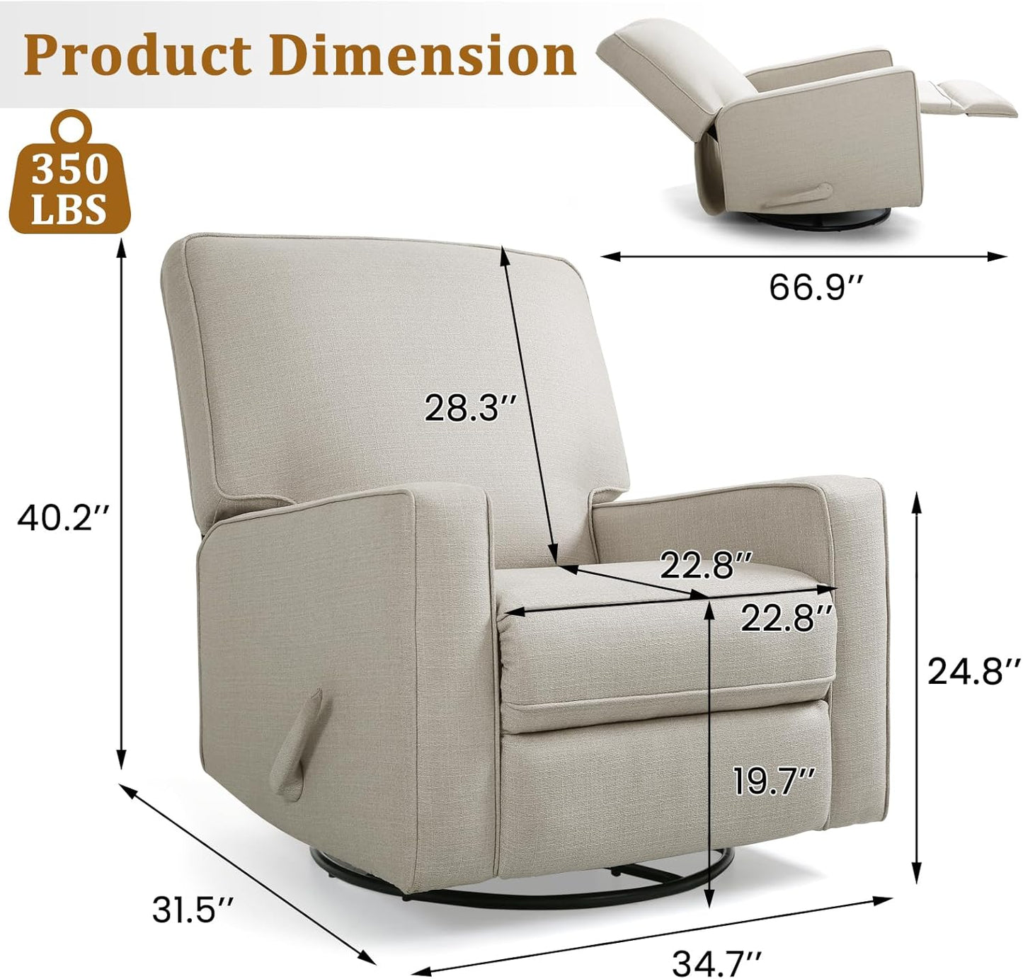 Swivel Rocker Recliner Chair for Adults, High Back Fabric Recliner with Deep Seat, Manual Glider for Living Room & Nursery, Grey