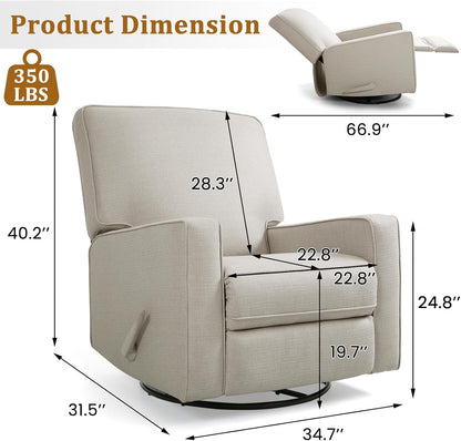 Swivel Rocker Recliner Chair for Adults, High Back Fabric Recliner with Deep Seat, Manual Glider for Living Room & Nursery, Grey