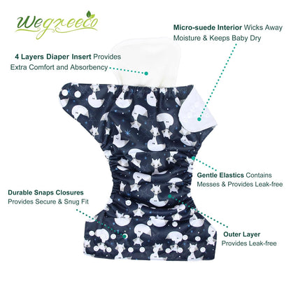 wegreeco Cloth Diapers 6 Pack with 6 Inserts & 1 Wet Bag, Washable Cloth Diapers for Babies, One Size Adjustable Reusable (Flower)