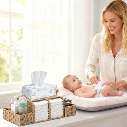 Large Wicker Diaper Caddy Organizer, Detachable Modular Changing Table Organizer for Nursery, Woven Diaper Storage Dispenser Rattan Basket for Nursery Diapering Baby Shower Essentials Gift