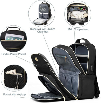 MOMUVO Diaper Bag Backpack, Quilted Baby Bag with Changing Pad & Stroller Straps & Pacifier Case, Large Travel Diaper Bags for Mom Dad, Black | with Changing Pad, Stroller Straps, Pacifier Case, Travel Diaper Bags