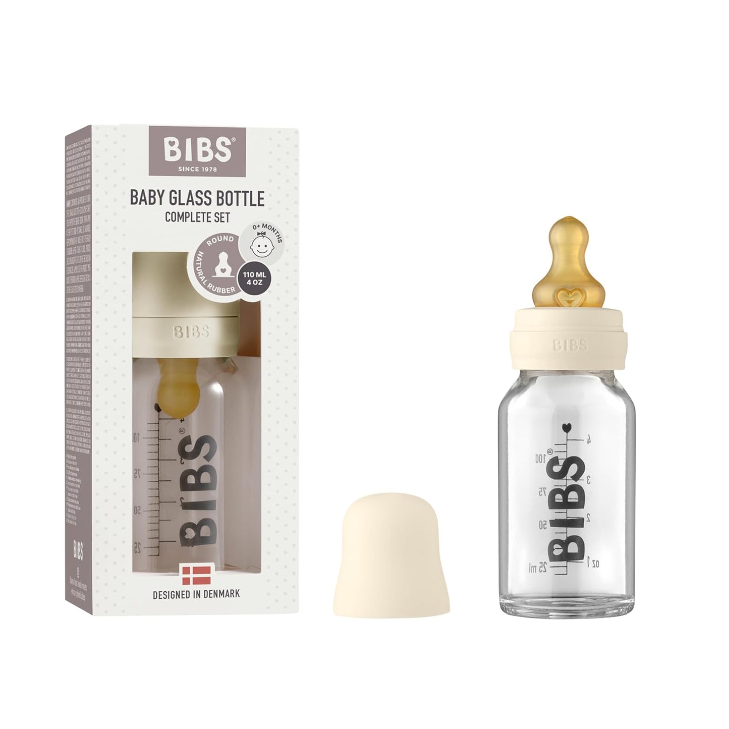 BIBS Baby Glass Bottle. Anti-Colic. Round Natural Rubber Latex Nipple. Supports Natural Breastfeeding, Complete Set - 110 ml, Cloud