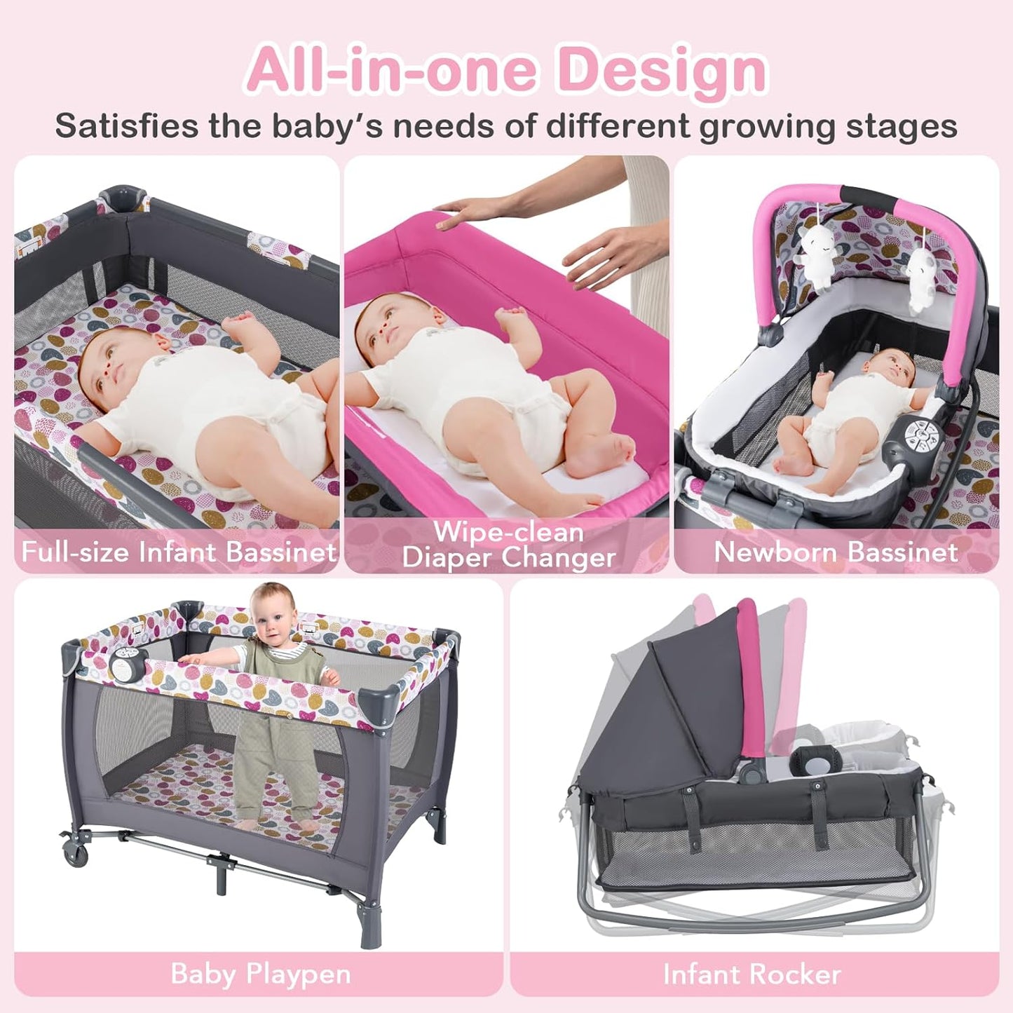 HONEY JOY Pack and Play, 5 in 1 Portable Infant Playpen with Bassinet & Changing Table, Storage Bag, Music Box, Toys, Carry Bag, Nursery Center, Baby Playard Pack n Play Crib for Boys Girls