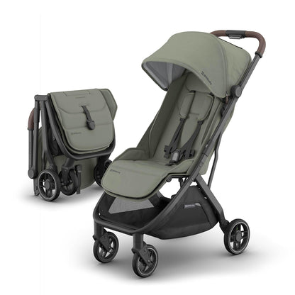 UPPAbaby Minu V3 Travel Stroller | Lightweight + Compact Design | One-Hand Fold + Unfold | from Birth + Overhead Compatible | Evelyn (Meadow Green/Carbon Frame/Chestnut Leather)