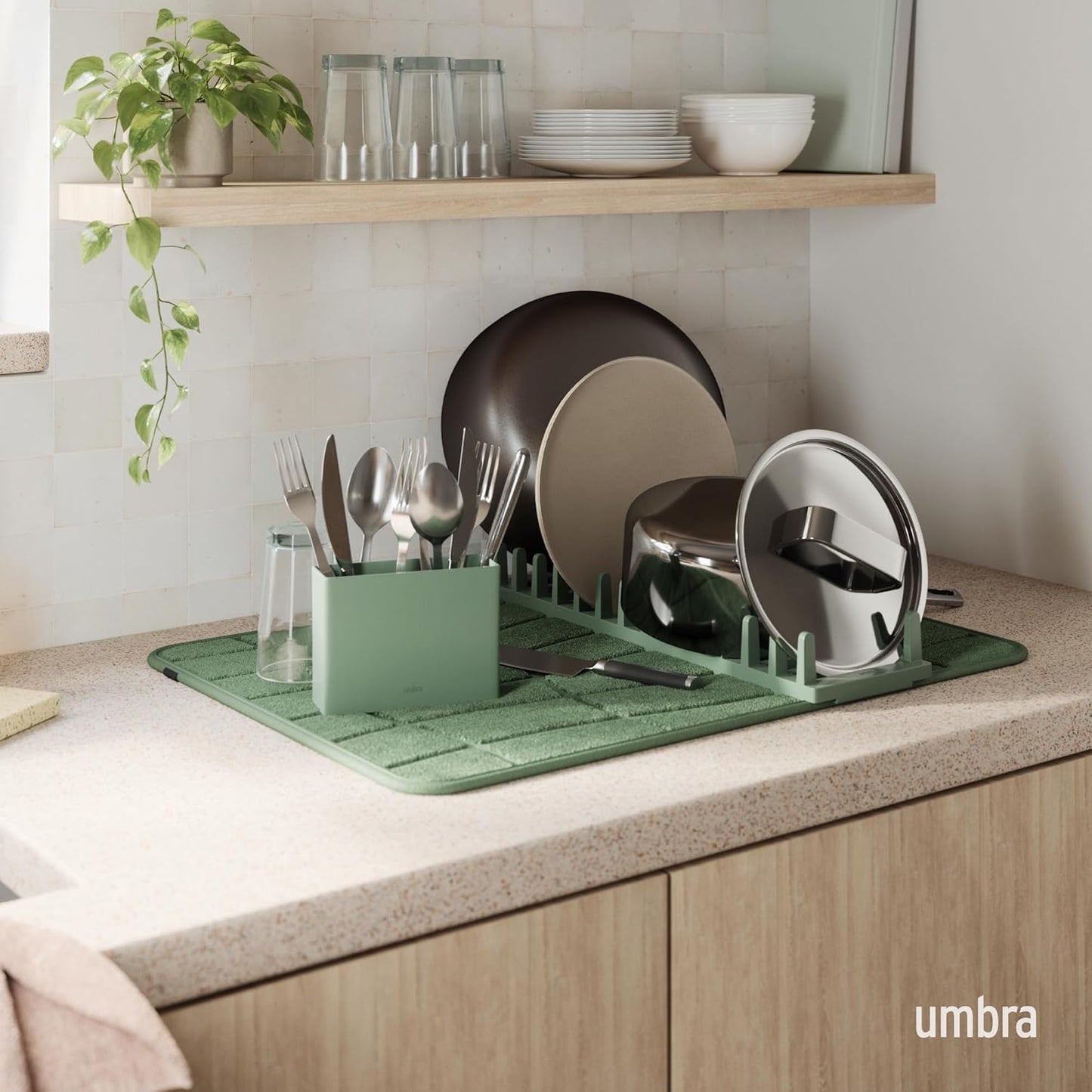 Umbra Udry Dish Rack and Microfiber Drying Mat – Space-Saving Design Folds Up for Easy Storage, Mini Rack, Gray