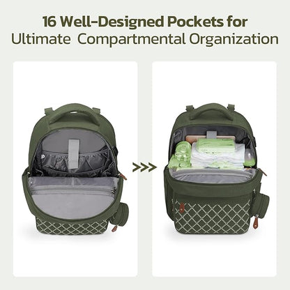 Large Diaper Bag,29L-45L Expandable Diaper Bag Backpack for 2 Kids/Twins Baby Stuff, with Removable Cross Body Bottle Bag for Mom/Dad,Stylish Baby Bag Gift for Boys/Girl-Army Green